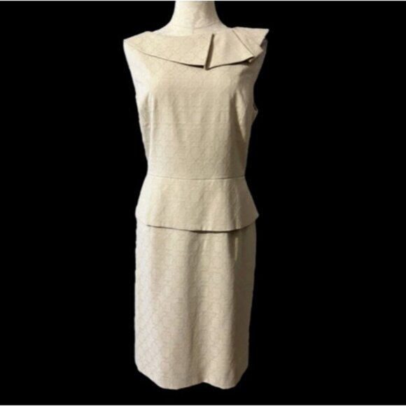 Antonio Melani Sheath Dress 14 Light Tan Brown Stretch Linen Peplum Career - Picture 1 of 7